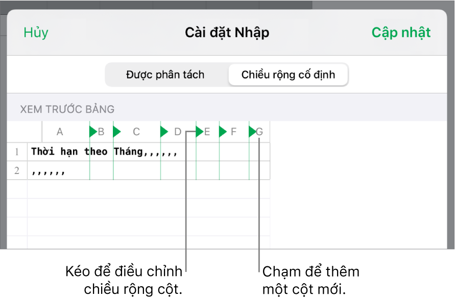 Cài đặt nhập cho tệp văn bản chiều rộng cố định.