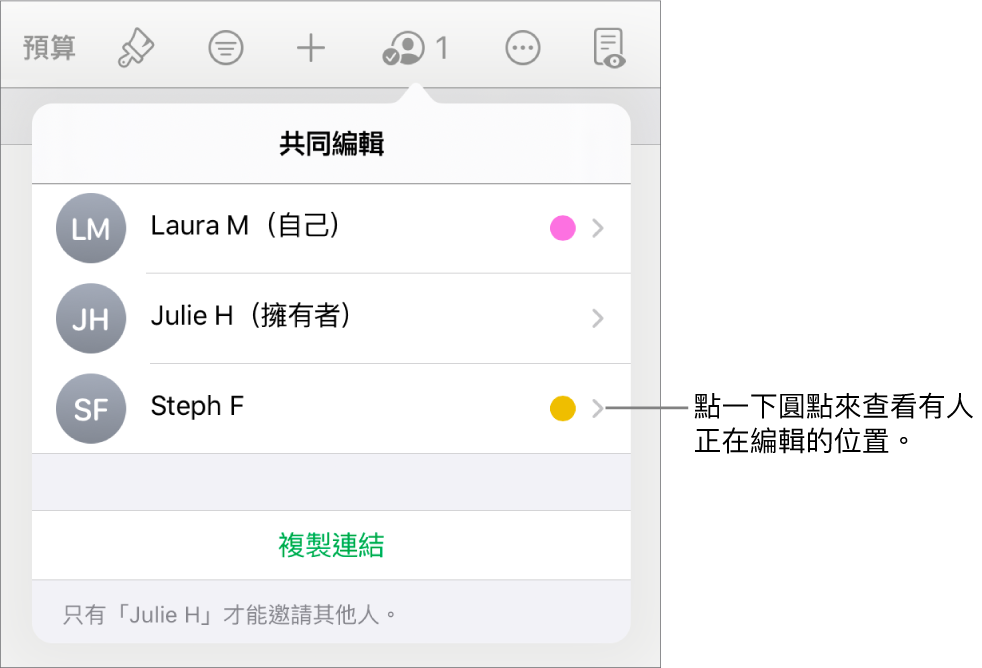 包括三位參與者的參與者列表，以及在每個名字旁的不同顏色圓點。