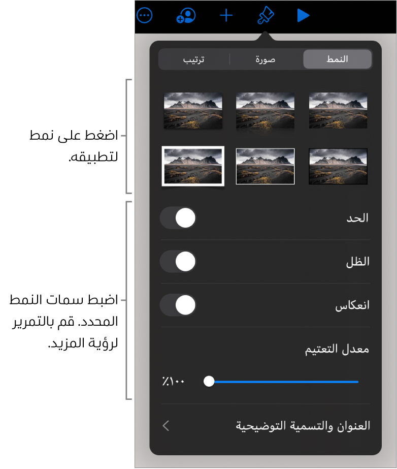 علامة تبويب النمط من قائمة التنسيق مع أنماط الكائنات في الجزء العلوي وعناصر التحكم أدناها لتغيير الحدود والظل والانعكاس والتعتيم.