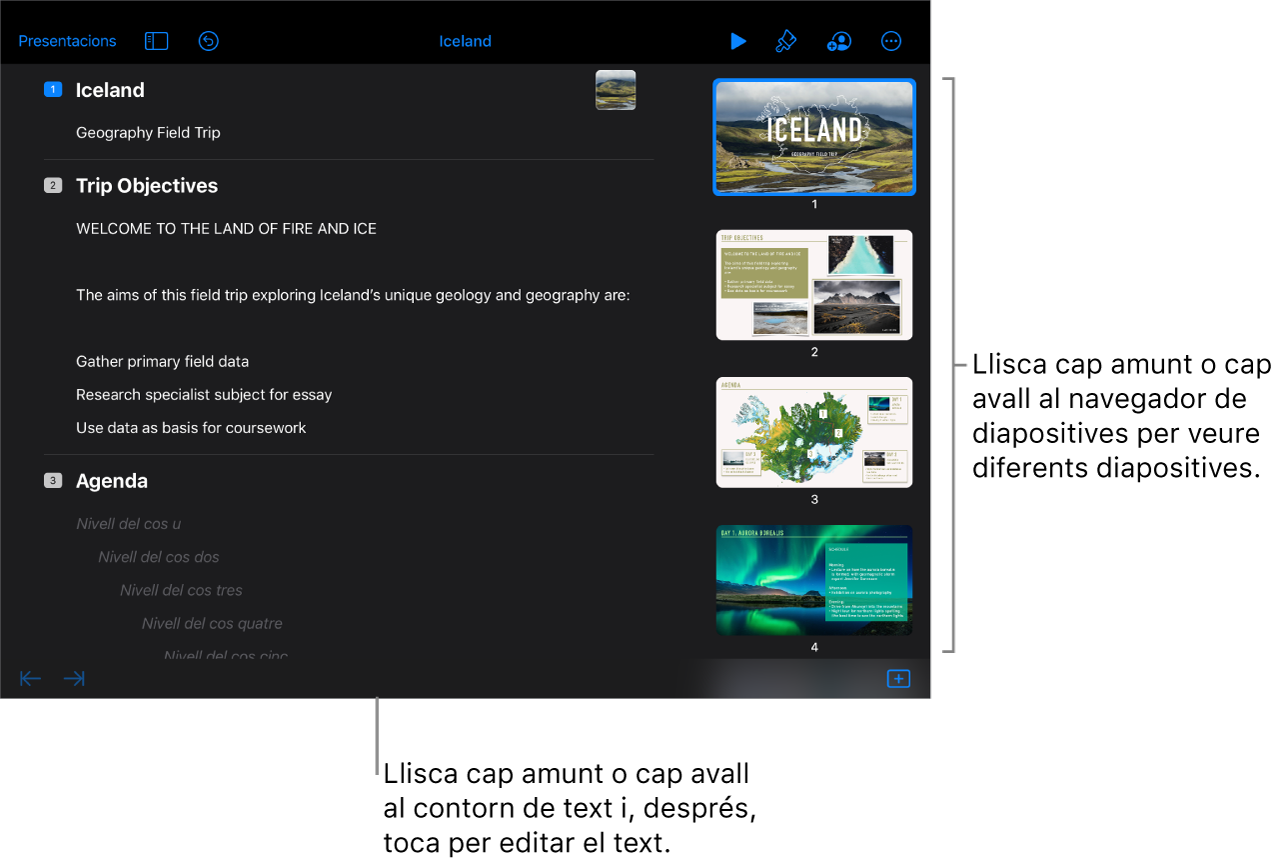 La vista d’esquema amb l’esquema de text d’una presentació a la part esquerra de la pantalla i el navegador de diapositives vertical a la part dreta.