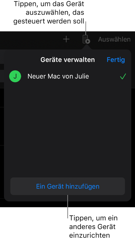 Das Popover „Geräte verwalten“ mit dem Link „Gerät hinzufügen“