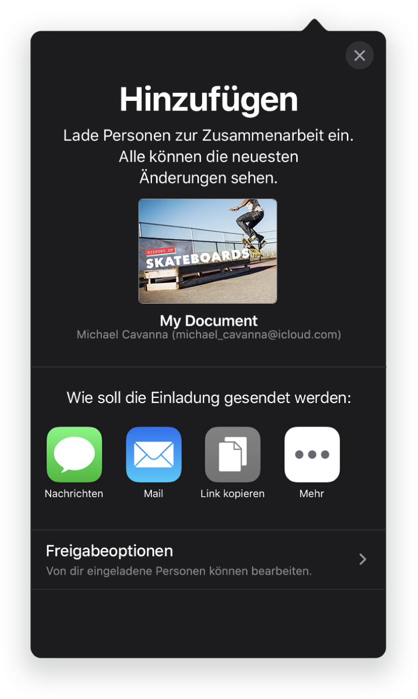 Im Bildschirm „Personen hinzufügen“ wird ein Bild der Präsentation angezeigt, die geteilt werden soll. Darunter befinden sich Tasten für die Optionen zum Senden der Einladung, inkl. Mail, „Link kopieren“ und mehr. Unten im Bildschirm ist die Taste „Freigabeoptionen“.