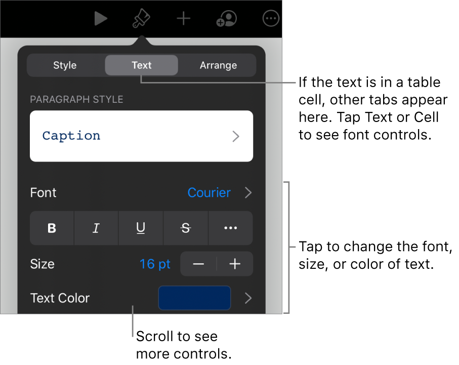 Text controls in the Format menu for setting paragraph and character styles, font, size, and color.