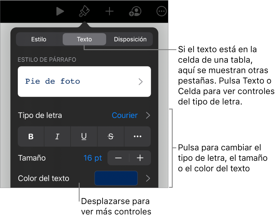 Controles de texto en el menú Formato para configurar los estilos de párrafo y carácter, tipo de letra, tamaño y color.