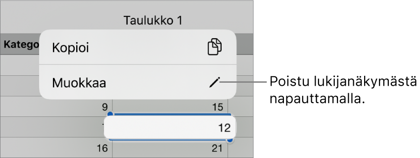 Taulukkosolu on valittuna ja sen yläpuolella on valikko, jossa on Kopioi- ja Muokkaa-painikkeet.