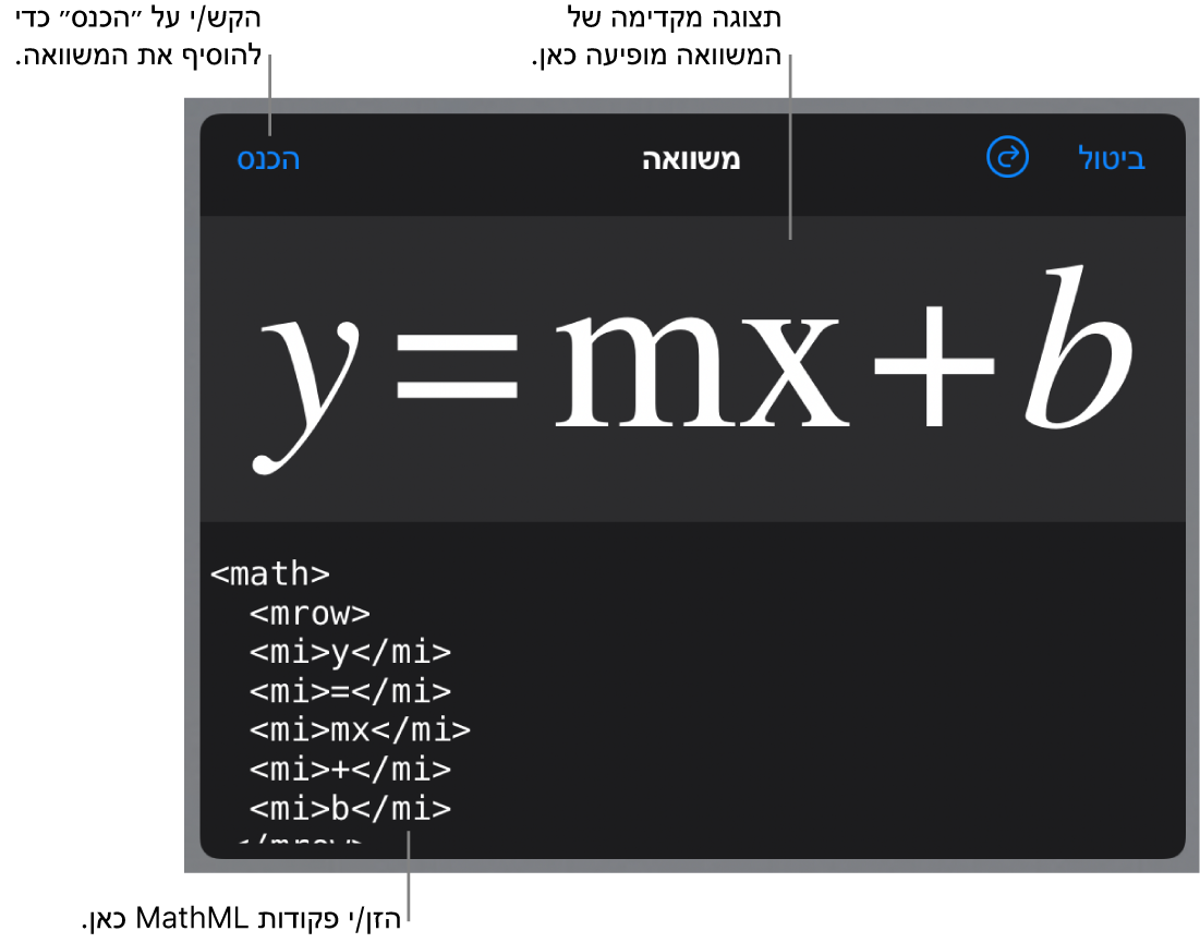 קוד MathML עבור המשוואה של עקומת קו ותצוגה מקדימה של הנוסחה למעלה.