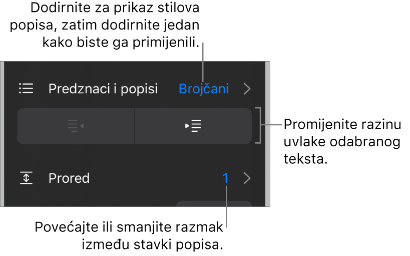 Odjeljak Predznaci i popisi kontrola formatiranja s oblačićima na Predznake i popise, tipke za izvlake i uvlake i kontrole razmaka između redaka.