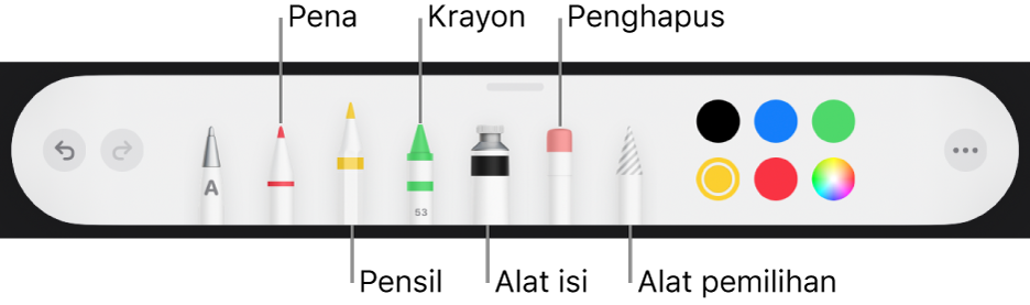 Bar alat gambar dengan alat pena, pensil, krayon, isi, penghapus, alat pemilihan, dan bidang warna yang menampilkan warna saat ini.