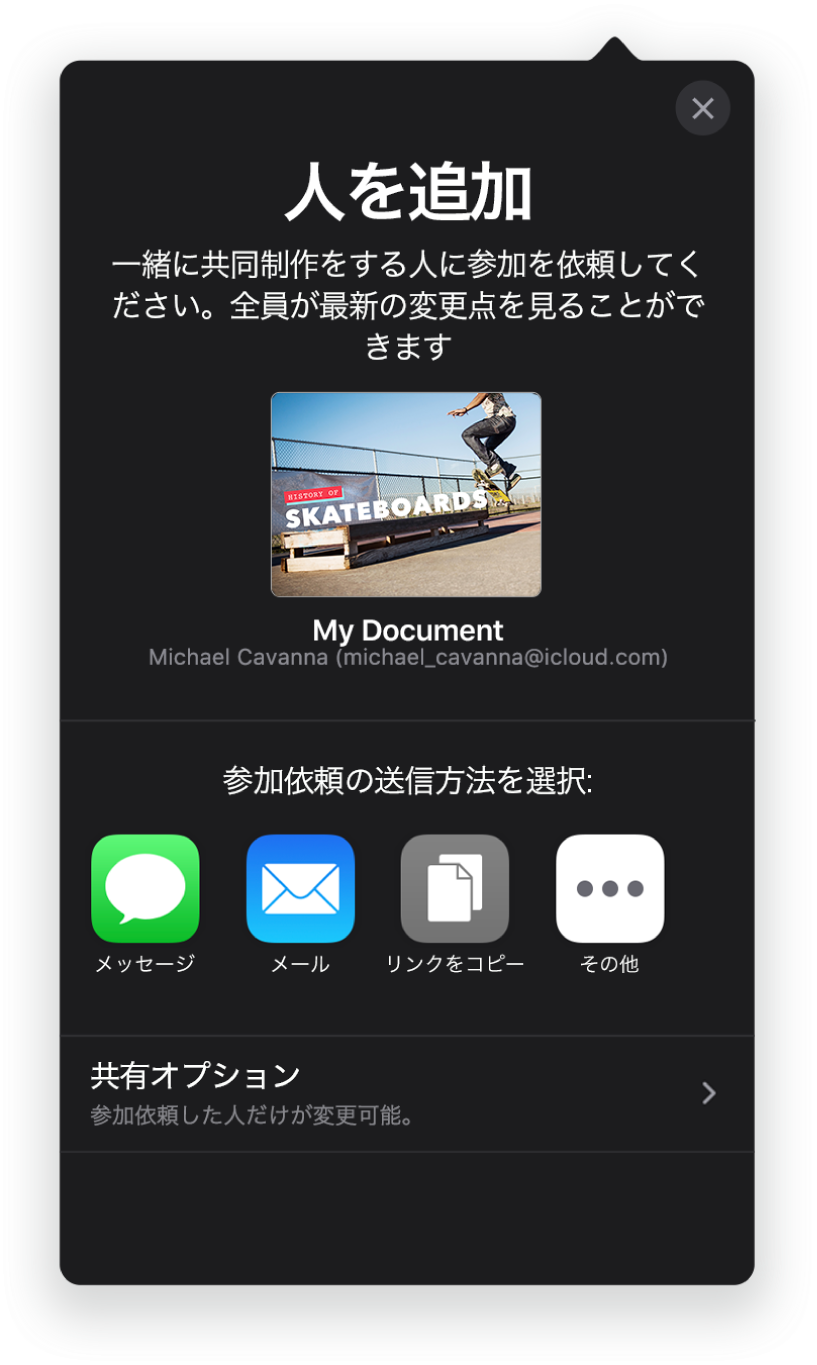 「人を追加」画面。共有されているプレゼンテーションの写真が表示されています。その下には、メール、「リンクをコピー」、「詳細」など、参加依頼を送信する方法のボタンがあります。下部には「共有オプション」ボタンがあります。