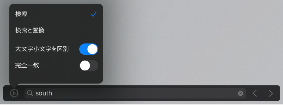検索オプションウインドウ。「検索」、「検索と置換」、「大文字小文字を区別」、および「完全一致」が表示された状態。