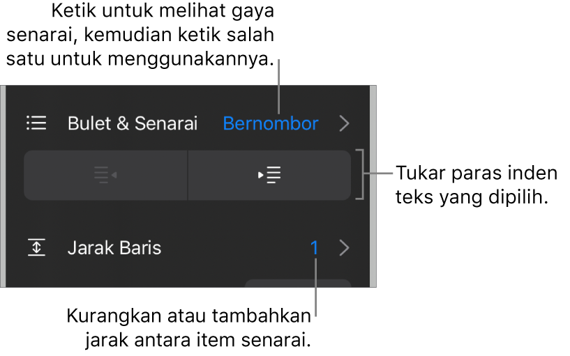 Bahagian Bulet & Senarai daripada kawalan Format dengan petak bual ke Bulet & Senarai, butang outden dan inden serta kawalan jarak baris.