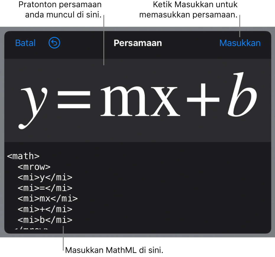 Kod MathML untuk cerun garis persamaan dan pratonton formula di bawah.