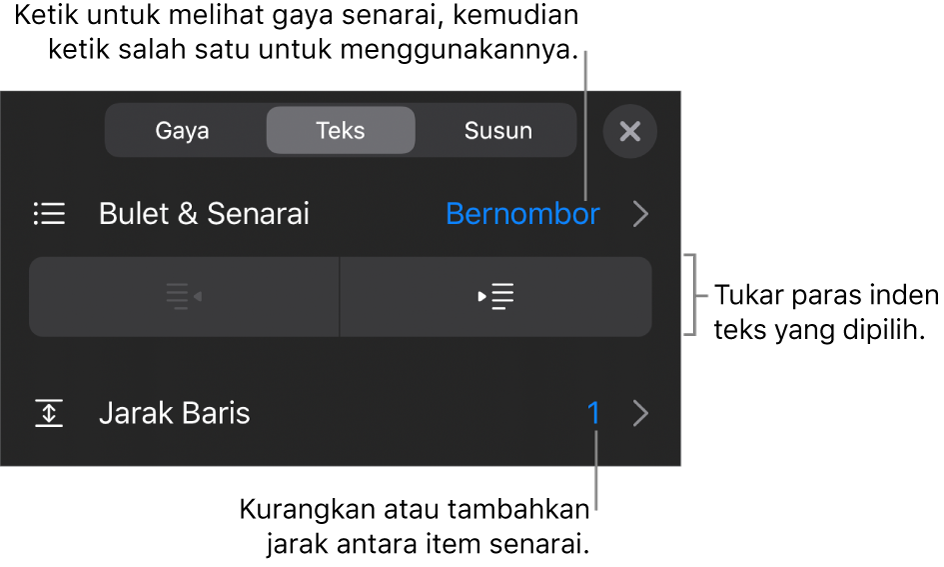 Bahagian Bulet & Senarai daripada kawalan Format dengan petak bual ke Bulet & Senarai, butang outden dan inden serta kawalan jarak baris.