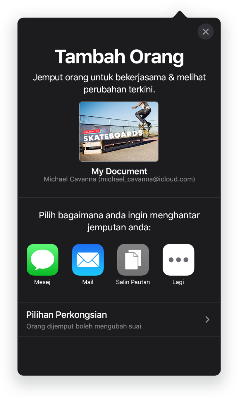 Skrin Tambah Orang menunjukkan gambar pembentangan untuk dikongsi. Di bawahnya ialah butang untuk cara menghantar jemputan, termasuk Mail, Salin Pautan dan Lagi. Di bahagian bawah ialah butang Pilihan Perkongsian.
