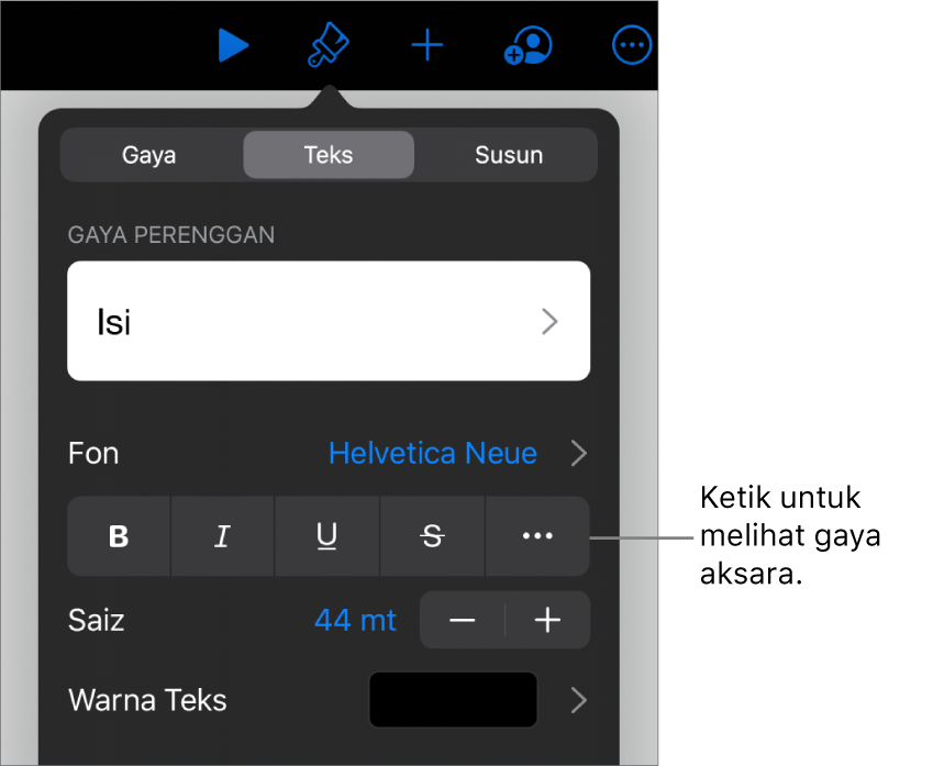 Kawalan Format dengan gaya perenggan di bahagian atas, kemudian kawalan Fon. Di bawah fon ialah butang Tebal, Italik, Garis Bawah, Garis Potong dan Lebih Banyak Pilihan Teks.