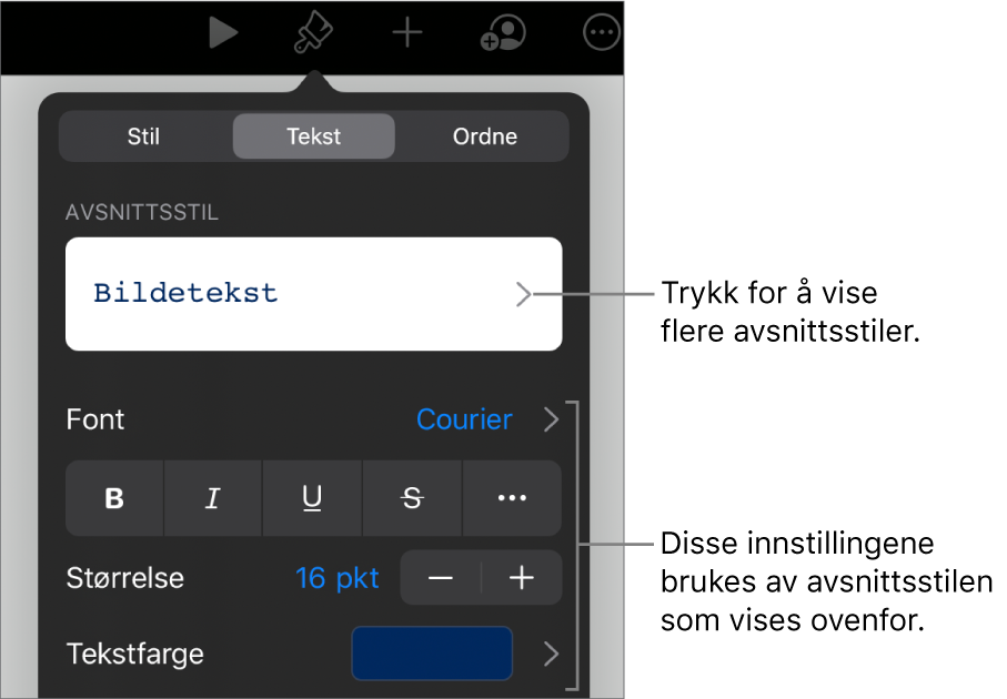 Format-menyen som viser tekstkontroller for å angi avsnitts- og tegnstiler, font, størrelse og farge.