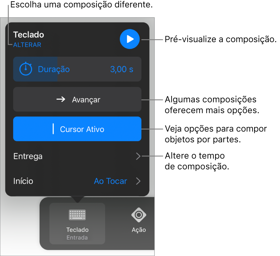 Entre as opções de composição estão os tempos de Duração, Distribuição e Início. Toque em Alteração para escolher uma composição diferente ou toque em Pré-visualizar para pré-visualizá-la.