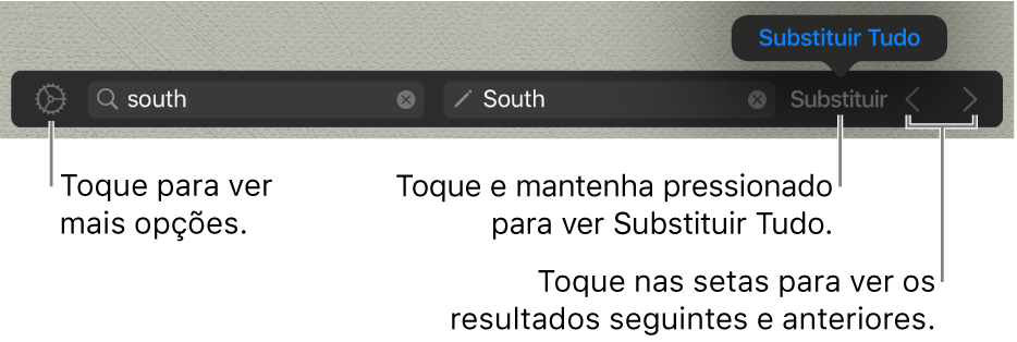 Controles para buscar e substituir texto.