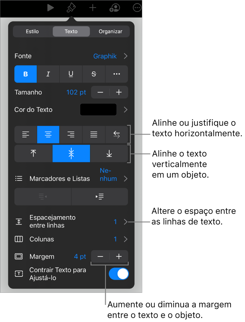 Painel Layout, com chamadas para os botões de alinhamento e espacejamento de texto.