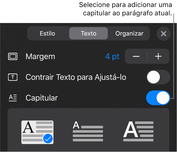 Controles Capitular localizados na parte inferior do menu Texto.