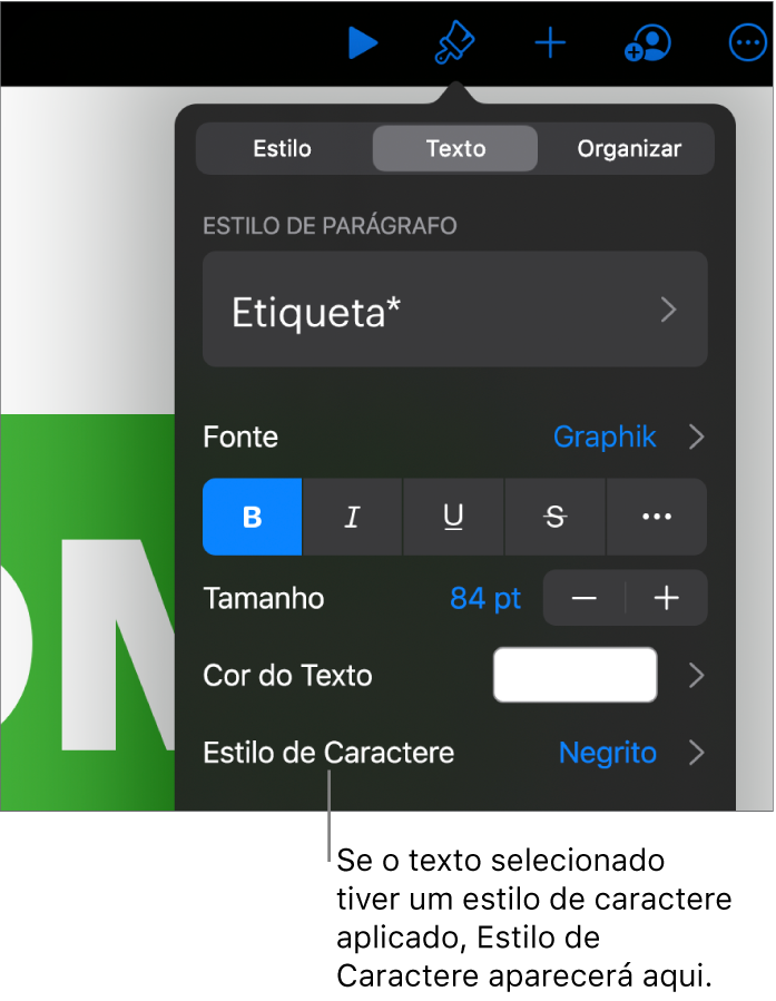 Os controles de formatação de texto com “Estilo de Caractere” abaixo dos controles de cor. O estilo de caractere Nenhum aparece com um asterisco.