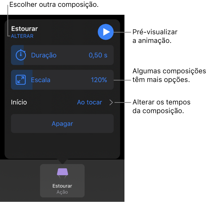 As opções de composição incluem Duração e Temporização de início. Toque em Alterar para escolher uma composição diferente ou toque em Pré-visualizar para pré-visualizar a composição.