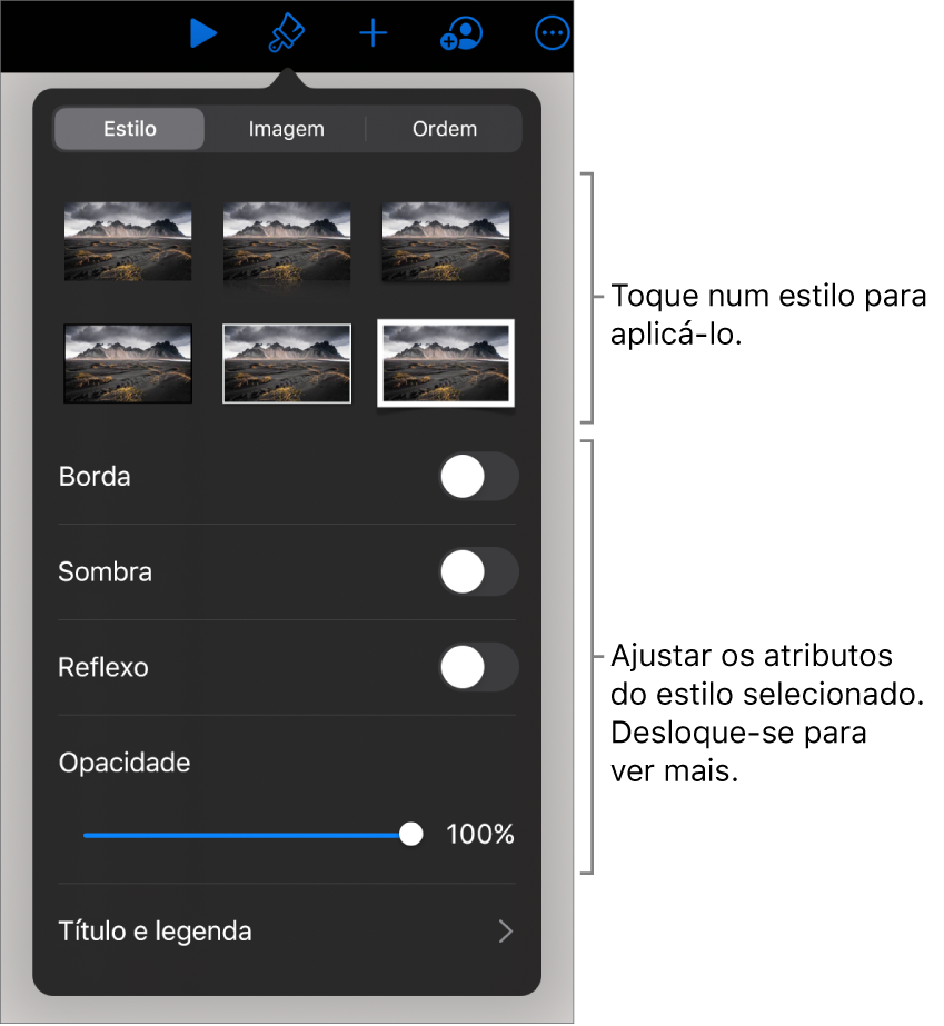 O separador Estilo do menu Formatação com estilos de objeto na parte superior e controlos por baixo para alterar o contorno, sombreado, reflexo e opacidade.