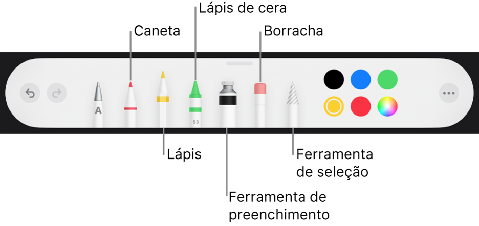 As barra de ferramentas de desenho com uma caneta, lápis, lápis de cera, ferramenta de preenchimento, borracha, ferramenta de seleção e o seletor de cores a apresentar a cor atual.