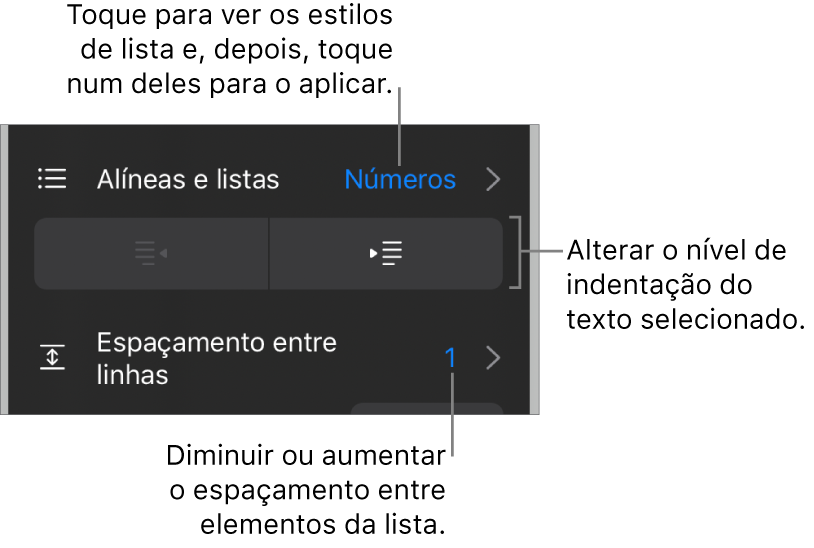 A secção “Marcas e listas” dos controlos de Formatação com chamadas para “Marcas e listas”, botões de remover indentação e de indentação e controlos de espaçamento.