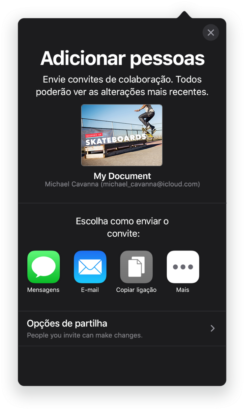 O ecrã “Adicionar pessoas” a mostrar uma imagem da apresentação a ser partilhada. Por baixo encontram botões para formas de enviar o convite, incluindo Mail, “Copiar hiperligação” e Mais. Na parte inferior encontra-se o botão “Opções de partilha”.