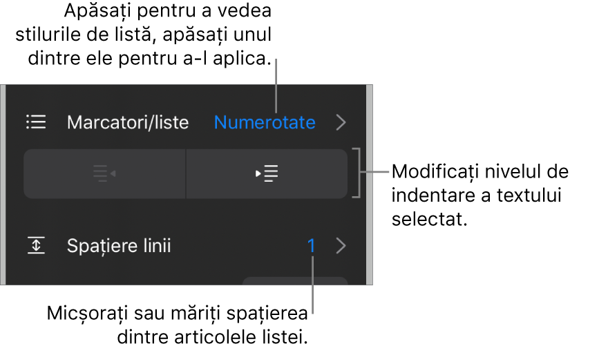 Secțiunea Marcatori/liste din comenzile Format cu explicații pentru Marcatori/liste, butoanele de indentare și indentare exterioară, precum și comenzile pentru spațierea liniilor.