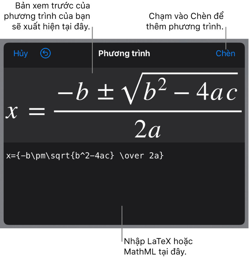 Hộp thoại Phương trình, đang hiển thị công thức bậc hai được viết bằng các lệnh LaTeX và bản xem trước của phương trình ở bên trên.