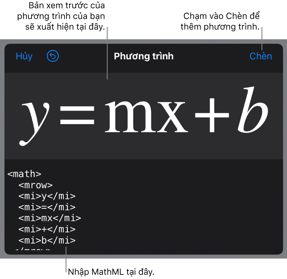 Mã MathML cho phương trình tính độ dốc của một đường và bản xem trước của công thức ở bên trên.