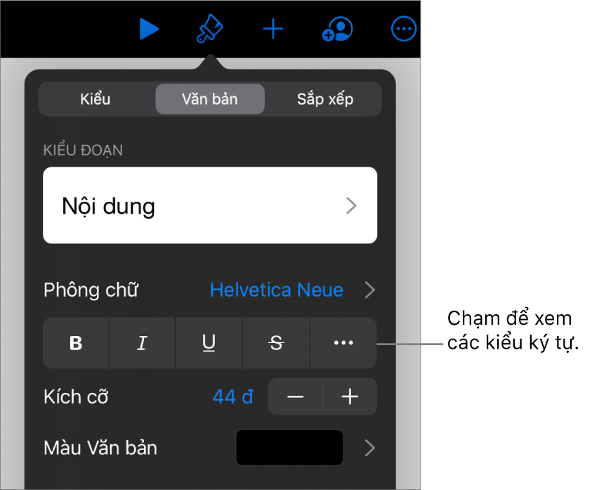 Các điều khiển Định dạng với các kiểu đoạn ở trên cùng, sau đó là các điều khiển Phông chữ. Bên dưới Phông chữ là các nút In đậm, In nghiêng, Gạch chân, Gạch ngang và Tùy chọn văn bản khác.