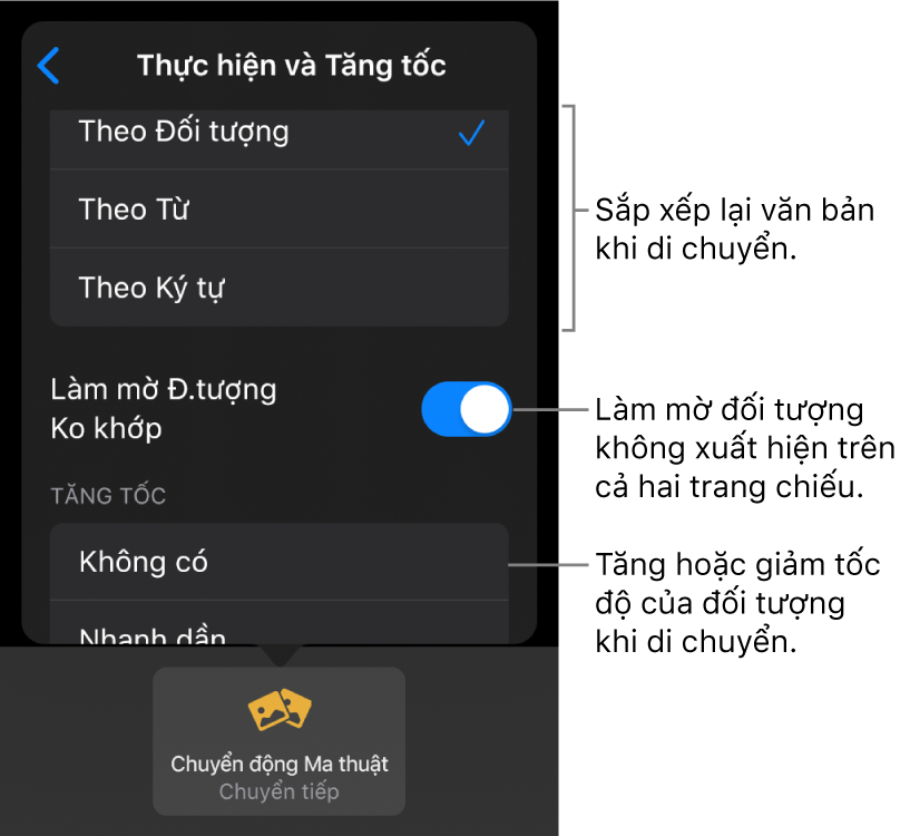 Các tùy chọn thực hiện và tăng tốc Chuyển động ma thuật trong khung Tăng tốc.