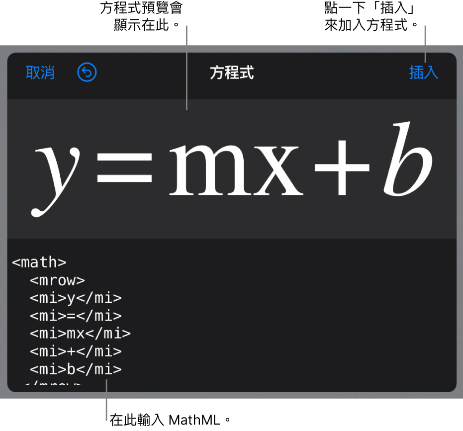 用於計算線斜率的方程式之 MathML 程式碼，上方顯示公式預覽。