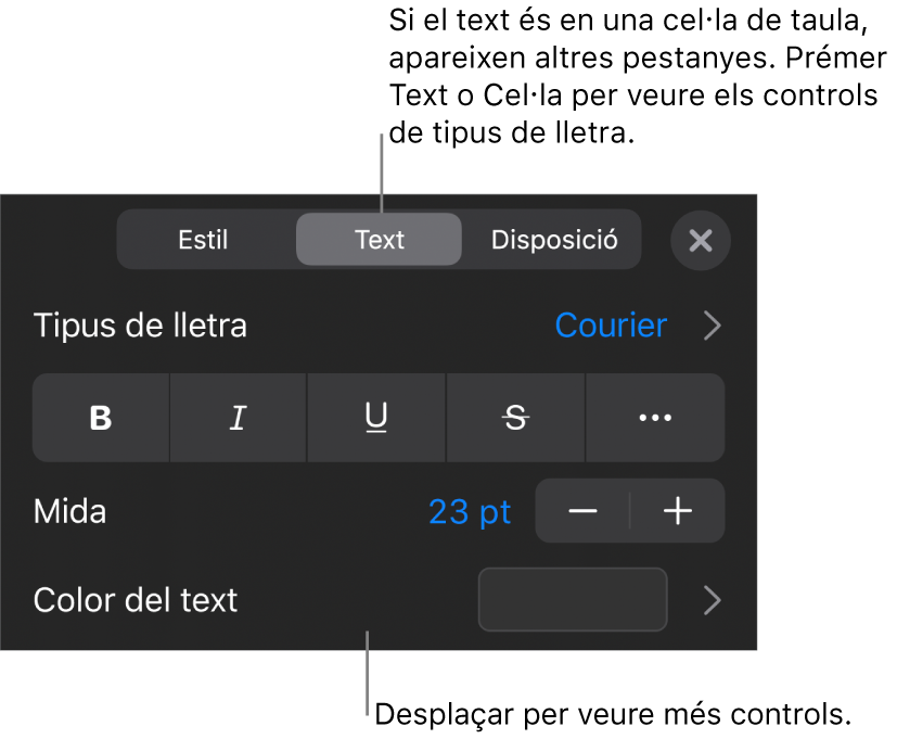 Controls de text al menú Format per definir els estils de paràgraf i de caràcter, el tipus de lletra, la mida i el color.