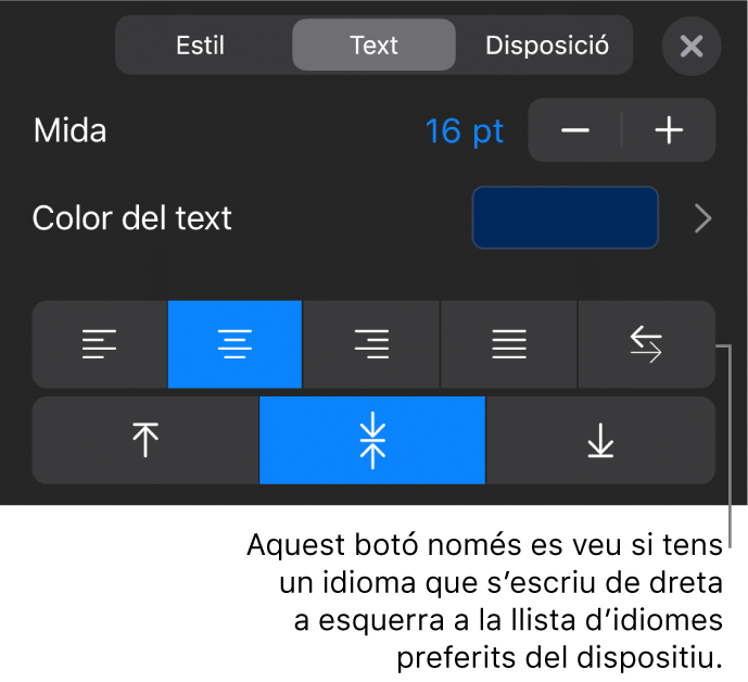 Controls de text del menú Format, amb una llegenda per al botó “De dreta a esquerra”.