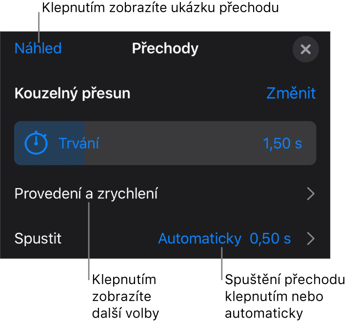 Ovládací prvky funkce Kouzelný přesun na panelu Přechody