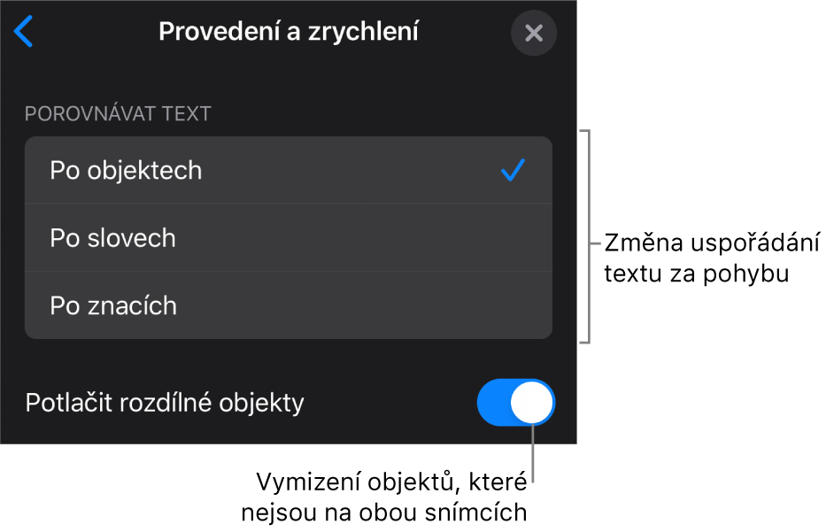 Volby provedení a zrychlení funkce Kouzelný přesun na panelu Zrychlení