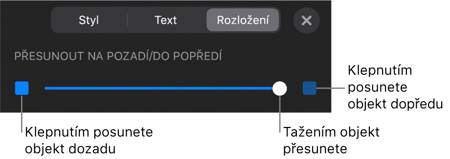 Tlačítko pro přesun vzad, tlačítko pro přesun vpřed a posuvník vrstev