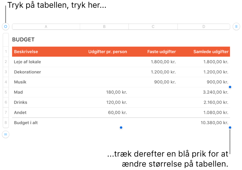 En valgt tabel med blå prikker til ændring af størrelse.