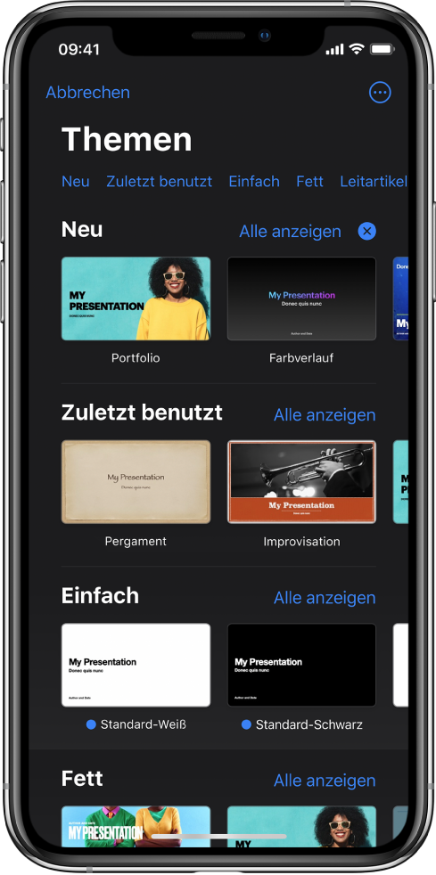  Die Themenauswahl zeigt oben eine Zeile mit Kategorien, auf die du tippen kannst, um die Optionen zu filtern. Über die Taste „Mehr“ oben rechts kannst du das Standard- oder Querformat auswählen und die Formatierung für eine bestimmte Sprache oder Region festlegen. Darunter sind Miniaturen der vordefinierten Themen in Zeilen nach Kategorie sortiert. Die Taste „Alle anzeigen“ erscheint darüber und rechts neben jeder Kategoriezeile.