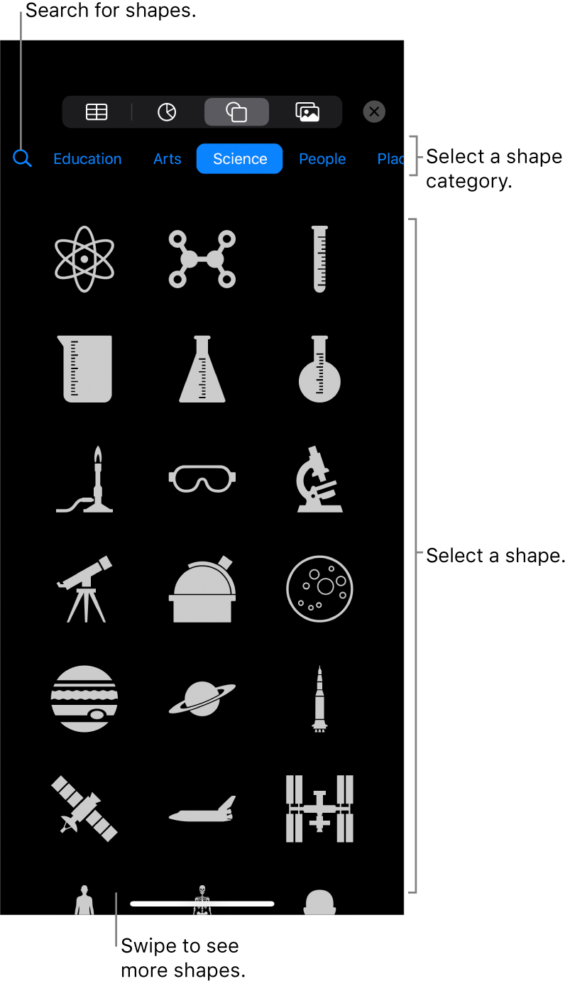 The shapes library, with categories at the top and shapes displayed below. You can use the search field at the top to find shapes and swipe to see more.
