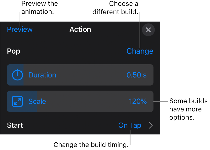 Build options include Duration and Start timing. Tap Change to choose a different build or tap Preview to preview the build.