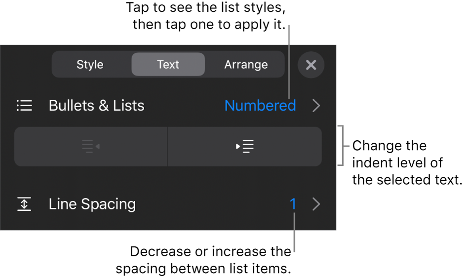 The Bullets & Lists section of the Format controls with callouts to Bullets & Lists, outdent and indent buttons, and line spacing controls.