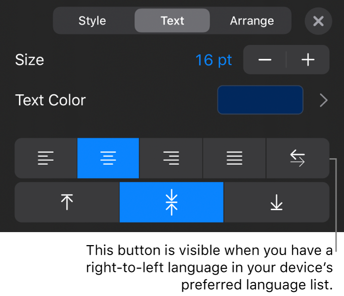 Text controls in the Format menu, with a callout to the Right to Left button.