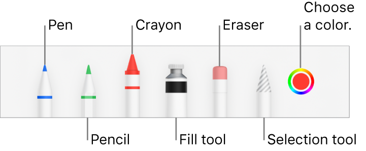 The drawing toolbar with a pen, pencil, crayon, fill tool, eraser, selection tool, and color well showing the current color.