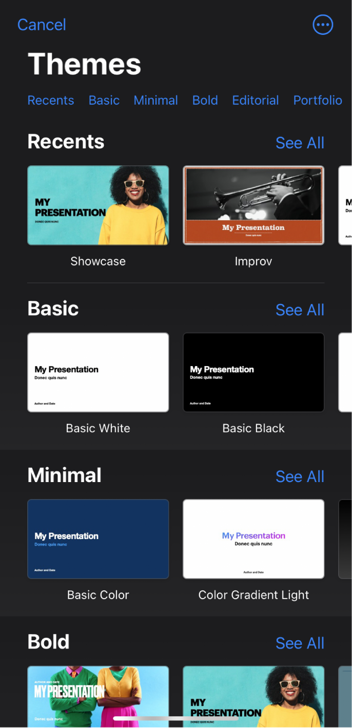 The theme chooser, showing a row of categories across the top that you can tap to filter the options. The More button is in the top-right corner, where you can set Standard or Wide format and set formatting for a specific language or region. Below are thumbnails of predesigned themes arranged in rows by category. A See All button appears above and to the right of each category row.
