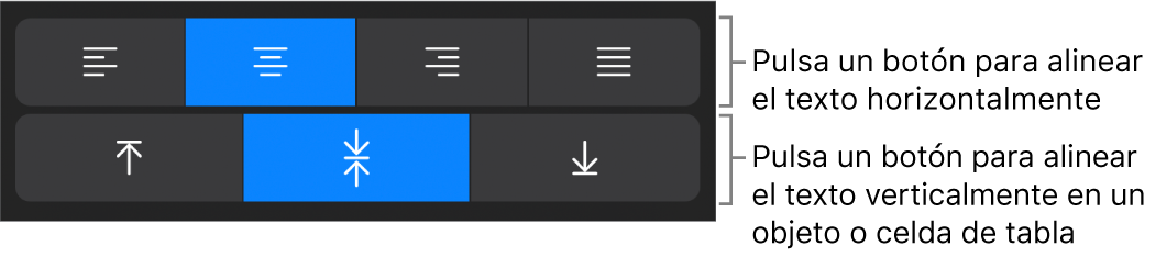 Botones de alineación horizontal y vertical para el texto.